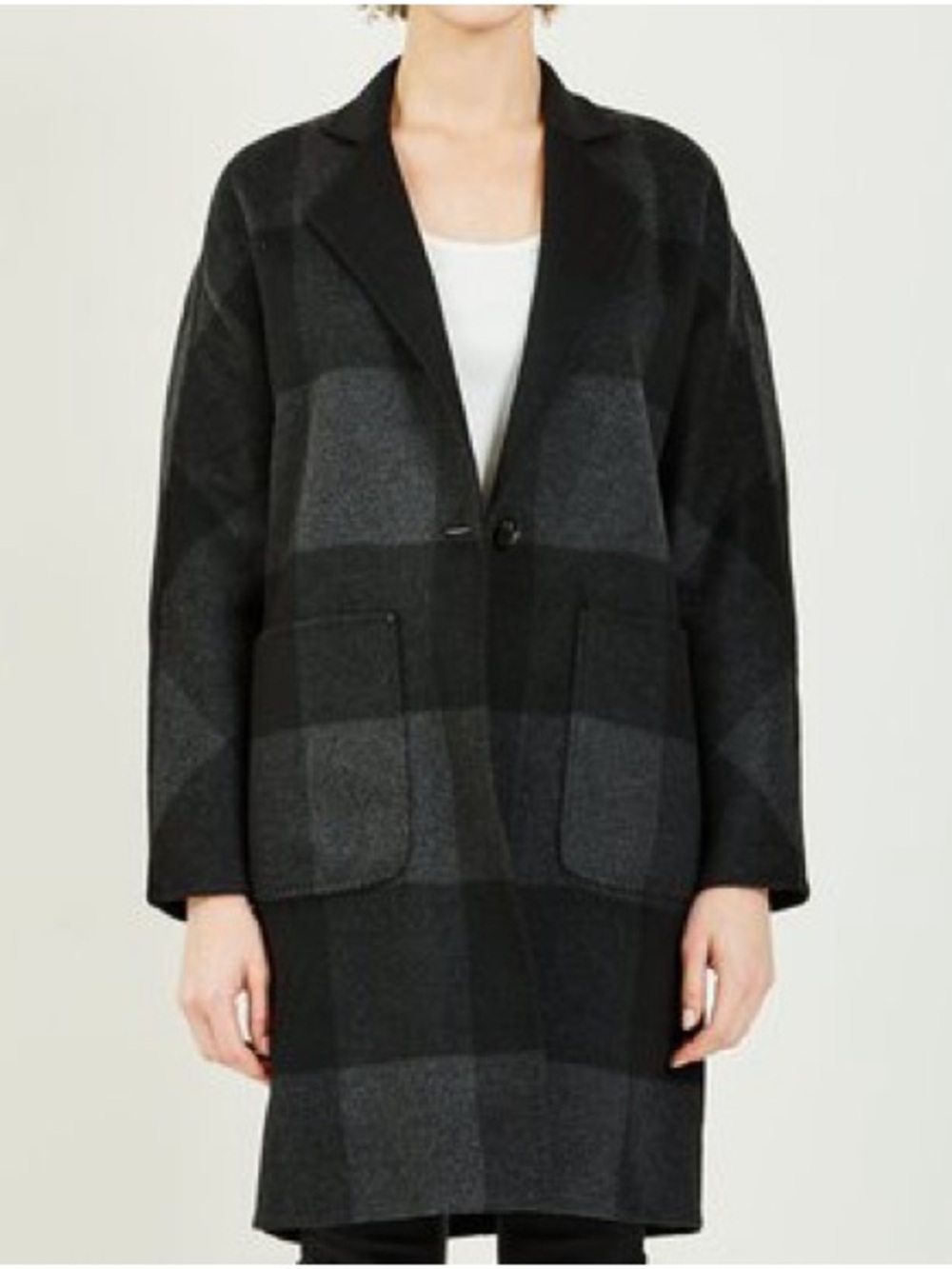 Black & Charcoal Plaid Long Coat - Women reversible wear